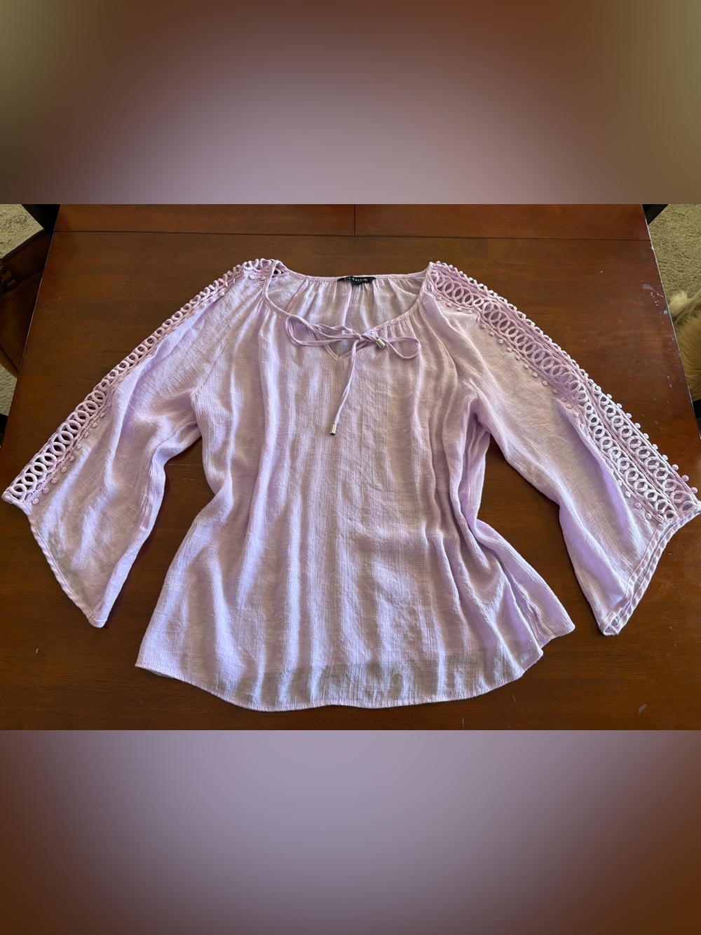 Zac & Rachel Gauze Lavender Blouse with Crocheted Bell Sleeves size Large - Picture 2 of 5